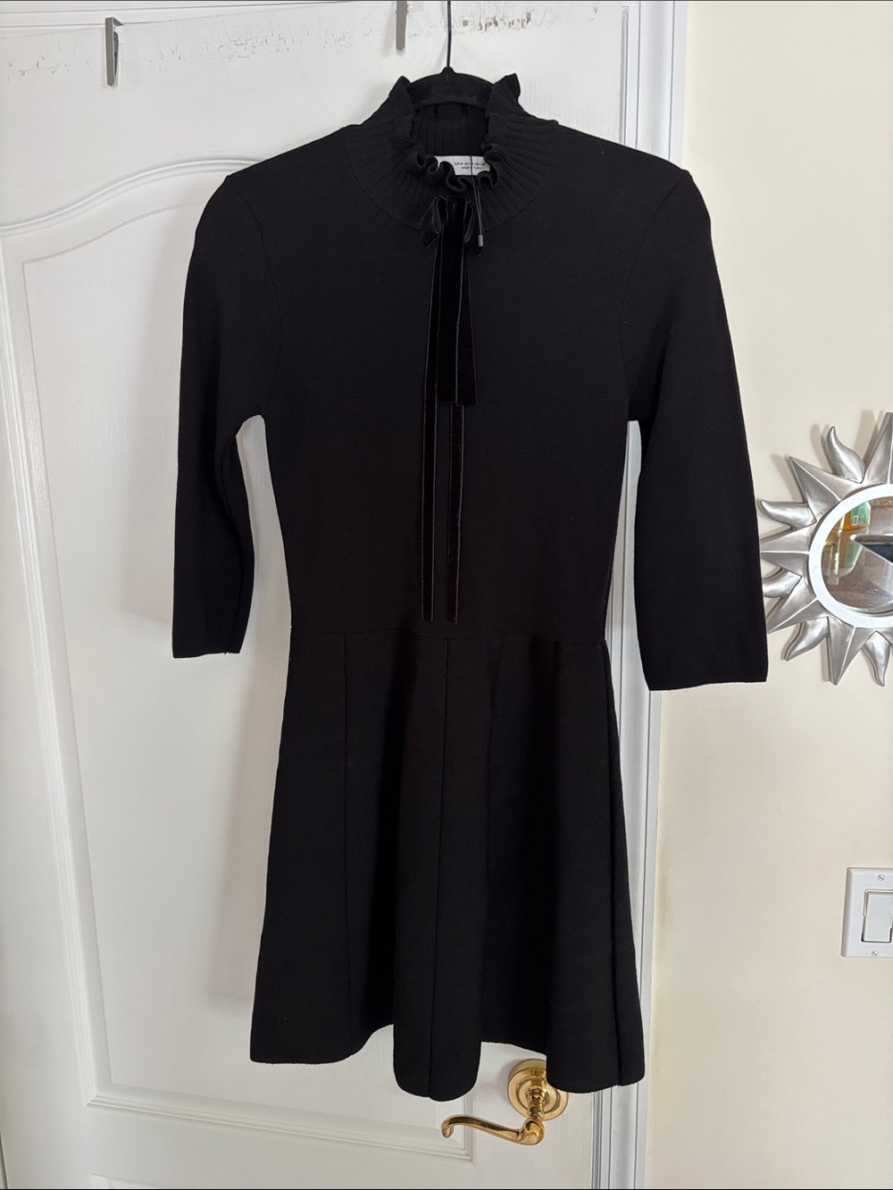 Zara Black Ruffled Neck Velvet Bow Knit Dress-M